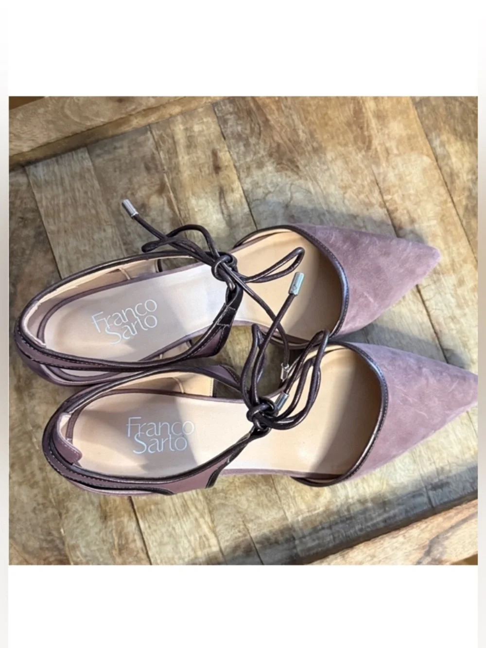Franco Sarto Mauve Suede Pointed Toe Heels Size 10 Ankle Tie 3” Pump Lace Up - Picture 5 of 6